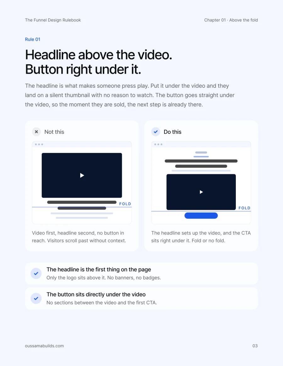 Rule 01 page: headline above the video, button right under it